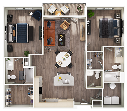 Floor plan for 2 beds, 2.5 baths, 1172 sqft